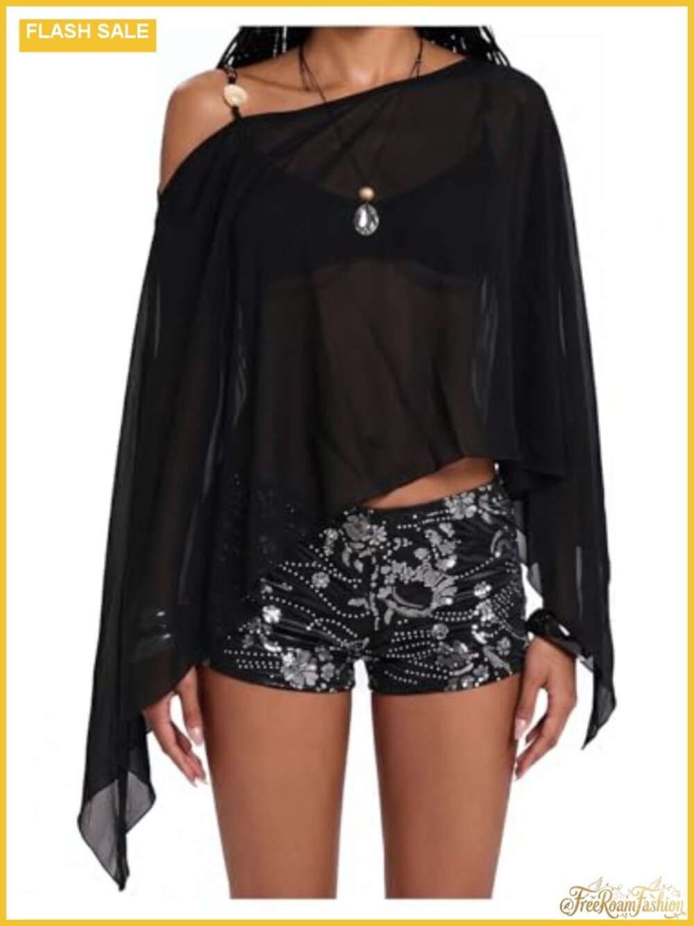 Sheer Y2K Off Shoulder Asymmetrical Flowy Cover Up Top with Beaded Detail -